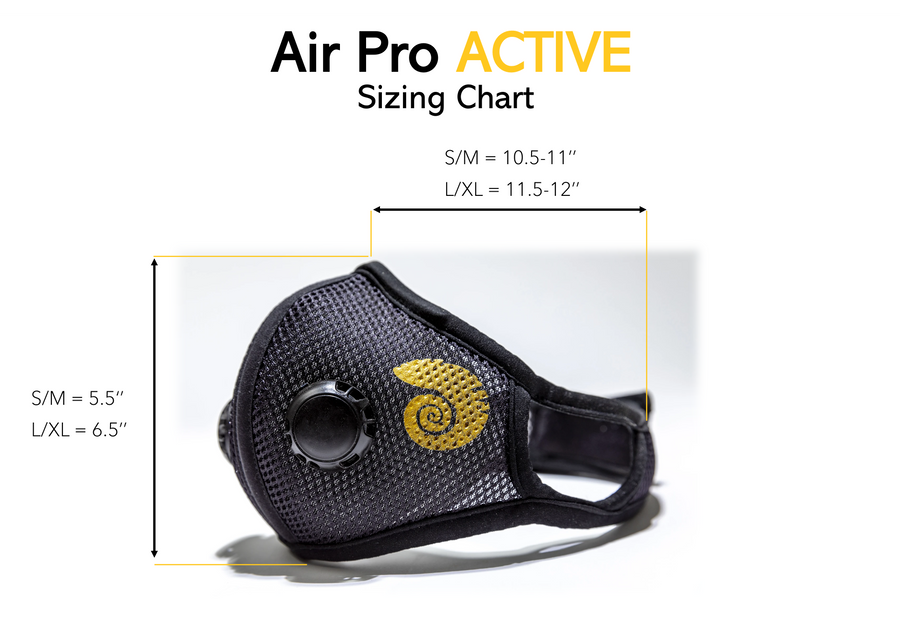 Sizing chart for Air Pro Active Reusable Mask