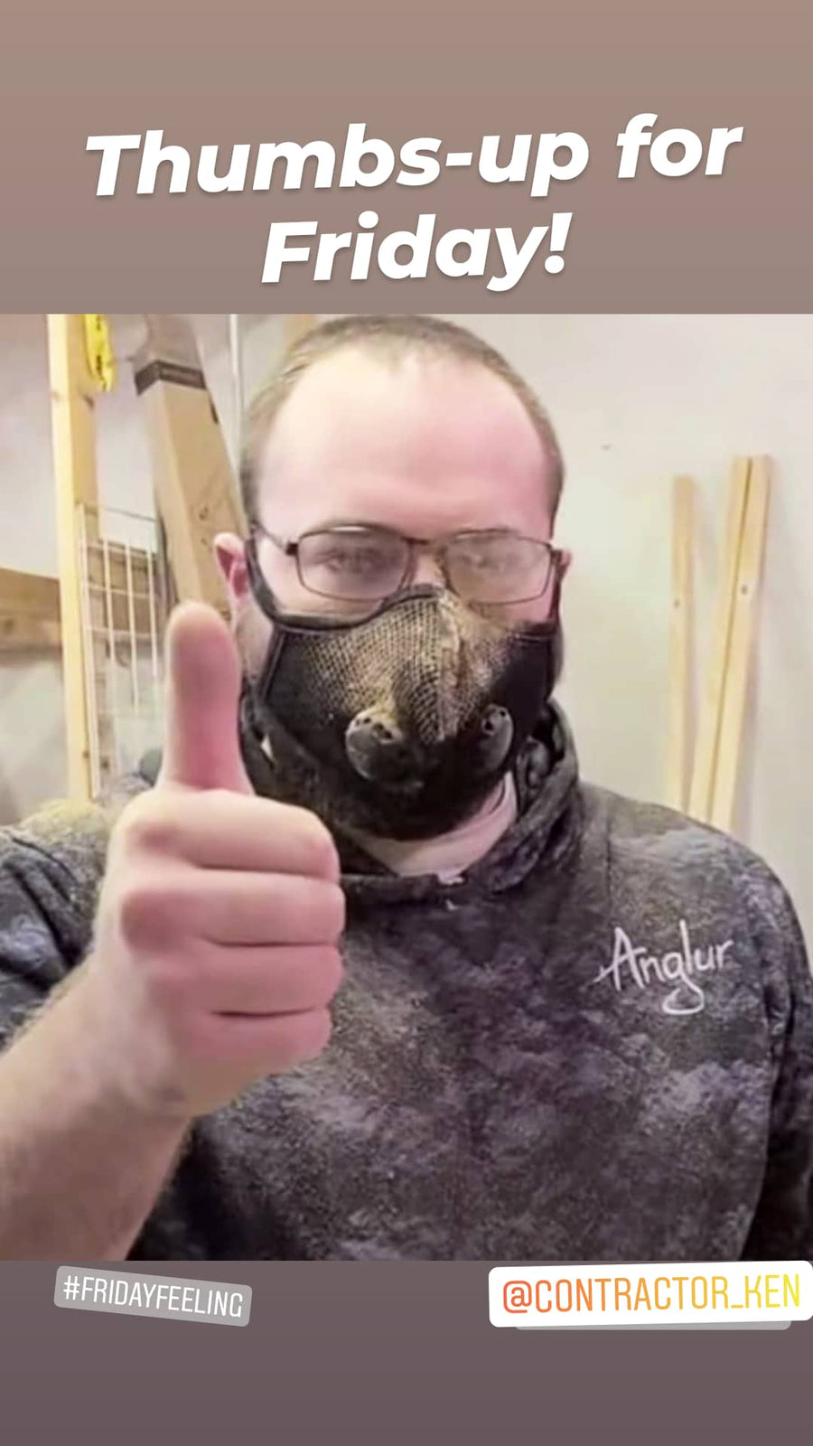Contactor Ken with a thumbs up wearing a Custom Chameleon Dust Mask 
