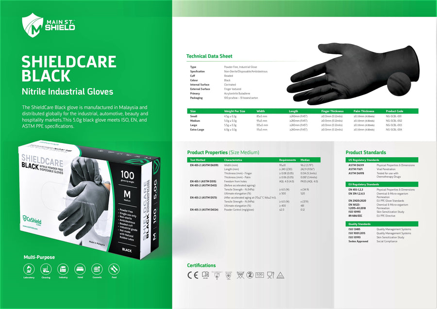 Technical Data sheet for Shield care Nitrile gloves from Custom Chameleon
